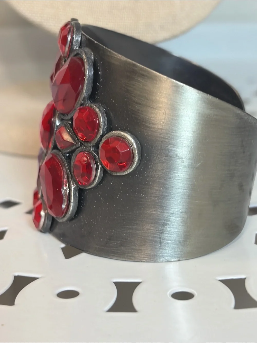 Bold pewter tone Cuff Bracelet with Red Crystal Cluster